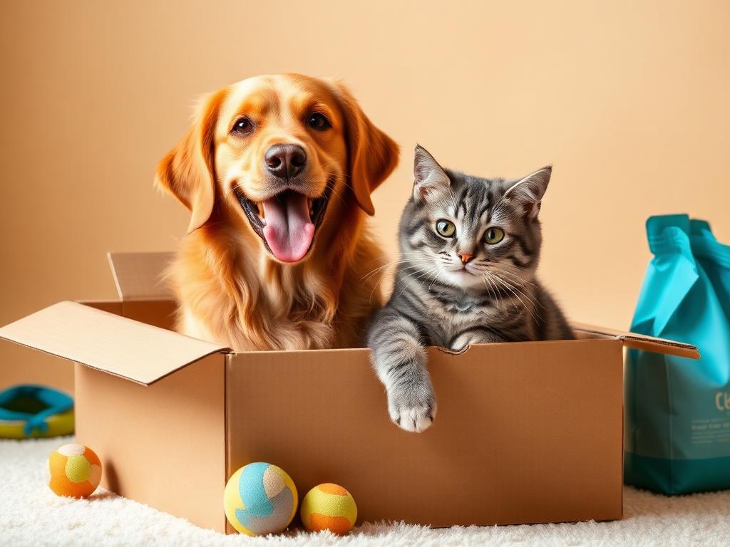 Perro y gato con productos de la tienda